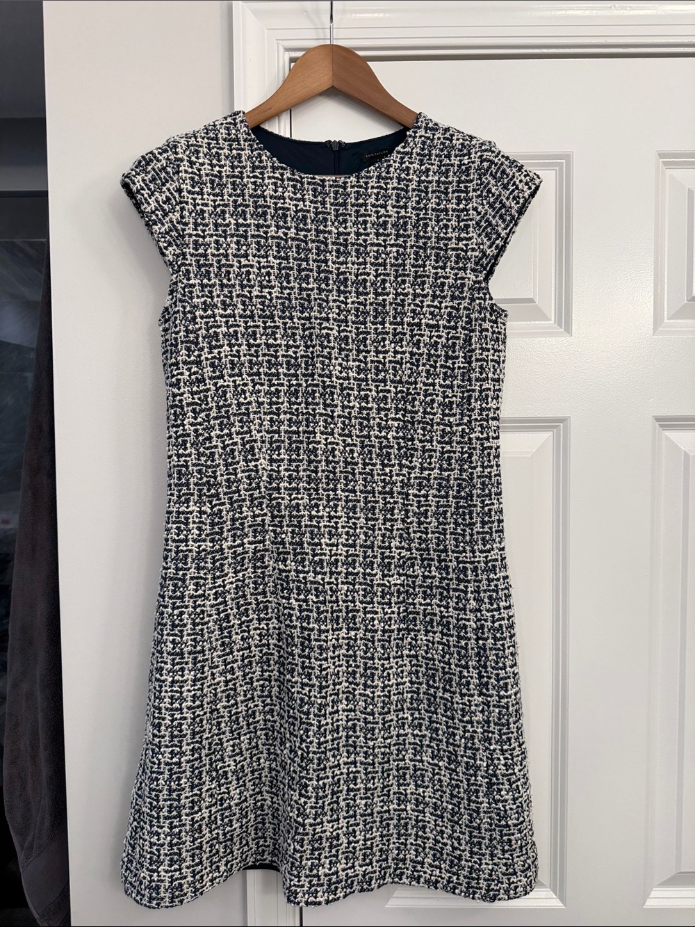 Ann Taylor Navy and White Tweed Cap-Sleeve Mini Dress
